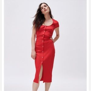 Zara Red Button-Front Ribbed Midi Dress